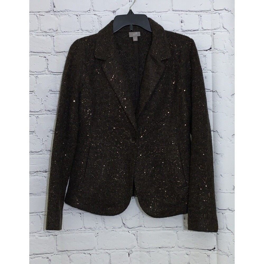 J. JILL Small Sequin Blazer Wool Blend Walnut Dark Brown Notch Collar